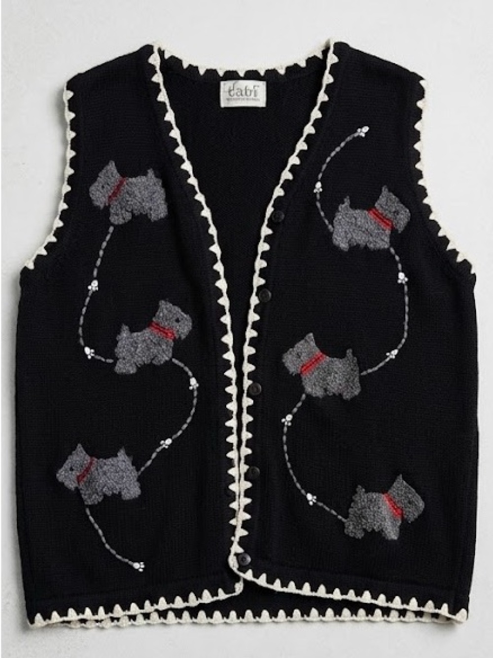 Vintage Tabi International Black Knit Vest with Grey Scottie Dog Motif